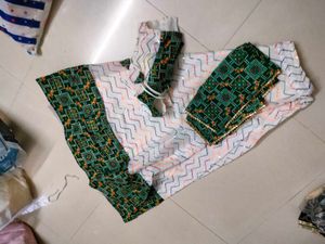 Green &amp; White Chikankari Lehenga Choli Set