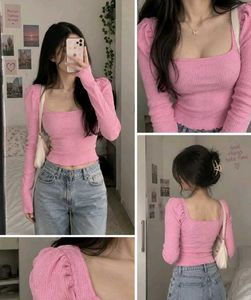 Chic Pink Puff Sleeve Square Neck Top