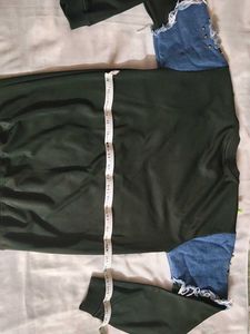 green+Denim patchwork,studded , ripped design long