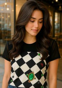 Stylish Checkerboard Embellished Top