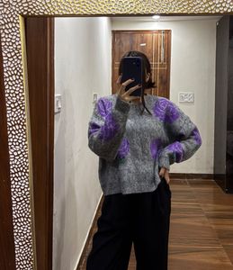 Grey &amp; Purple Floral Rose Print Jumper