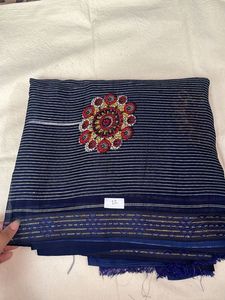 Elegant Navy Blue Saree with Floral Embroidery