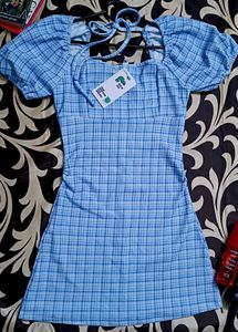 Blue Plaid Puff Sleeve Dress 🫐