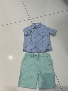 Boys Blue Sailboat Shirt & Mint Shorts Set