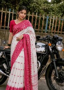 Elegant White & red Embroidered Saree