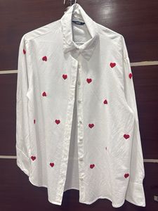 White Shirt with Red Heart Embroidery
