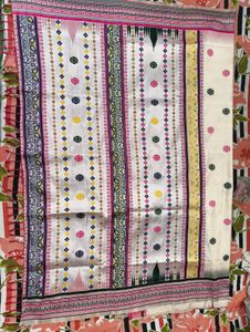 Elegant Off-White Saree with Pink &amp; Teal Motifs
