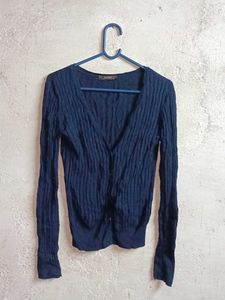 Navy Blue Ribbed Knit Cardigan