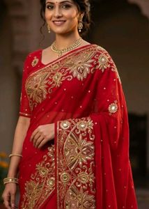 Red Embroidered saree with bilauj