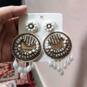 White &amp; Gold Beaded Statement Earrings