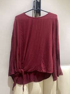 Maroon Bell Sleeve Tie-Front Top
