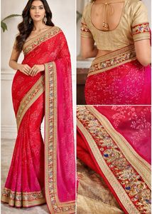 Red Bandhani Designer Saree with Gold Blouse