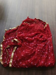 Red Bandhani Dupatta with Gold Border