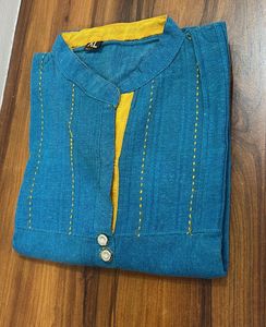 Teal Blue Kurta with Yellow Neckline
