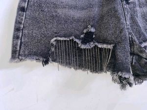 Distressed Denim Shorts with Rhinestone Fringe