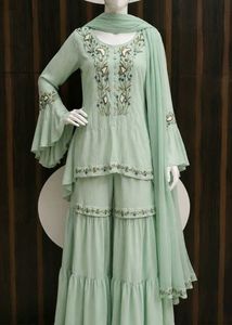 Elegant Mint Green Kurta Set/sharara with Dupatta