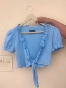 SHEIN Blue Ruffled Tie-Front Crop Top