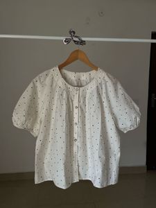 White Polka Dot Puff Sleeve Top