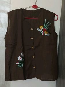 Embroidered Brown Sleeveless Blouse