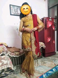 Gold & Red Gharara Suit Set with heavy work