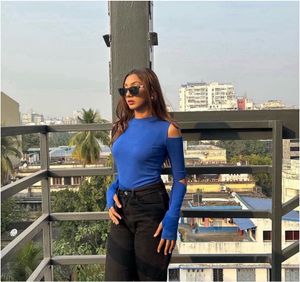 Blue Cut-Out Long Sleeve Top