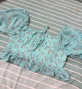 Aqua Floral Smocked Crop Top