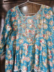 Sea Green Floral Tiered Cotton Kurta
