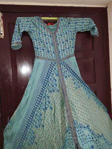 Blue Printed Anarkali Gown