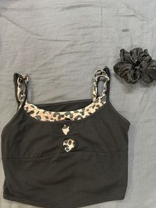 Leopard Trim Black Crop Top with Scrunchie