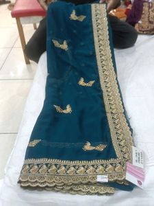 Stunning Teal Saree with Gold Embroidery