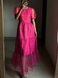 Fuchsia Pink Tiered Puff Sleeves Midi Dress