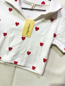 White Heart Print Crop Top for Women