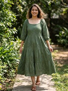 Chic Olive Green Tiered Eyelet Dress