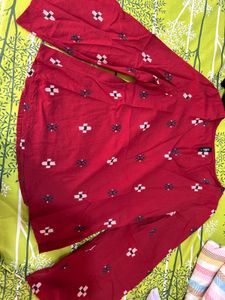 Vibrant Green Ikat Print Kurta and Red Kurt