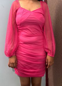 Hot Pink Sheer Sleeve Ruched Dress