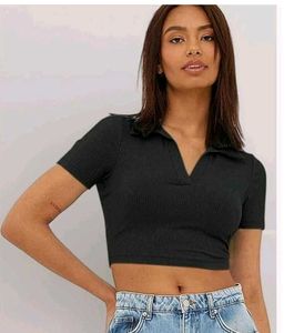 Black Ribbed Cropped Polo Shirt