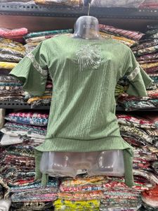 Green Bell Sleeve Embroidered Top