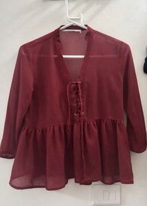 Chic Burgundy Sheer Peplum Top