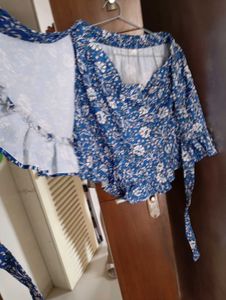 Boho Blue Floral Ruffle Top