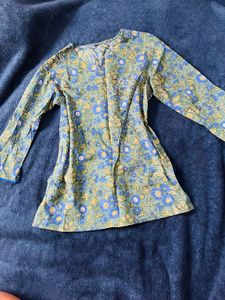 Blue Floral Print Cotton short Kurta