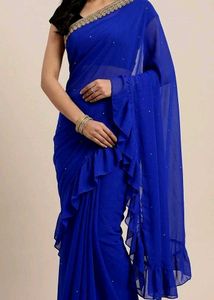 Elegant Royal Blue Ruffle Saree with stitched blou