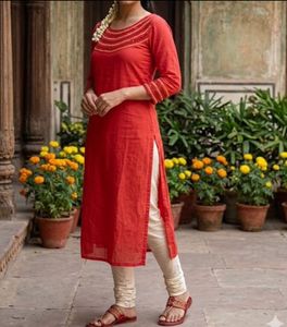 Elegant Red Kurta with Embellished Neckline-s