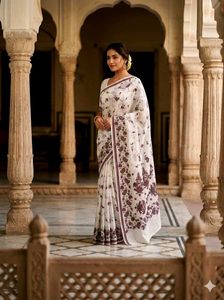 Elegant White Floral Print Saree