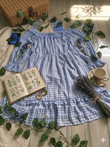 Blue Gingham Off-Shoulder Dress