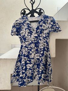 Blue Floral V-Neck Wrap Dress