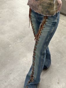 Y2k Bohochic blue jeans w beige lace