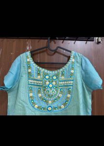 Embroidered Teal Kurta with Yellow Accents