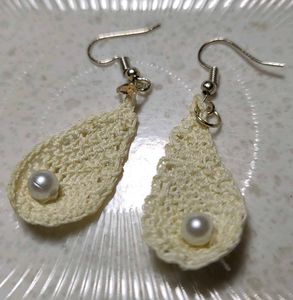 Cream Crochet Teardrop Earrings with Pearls