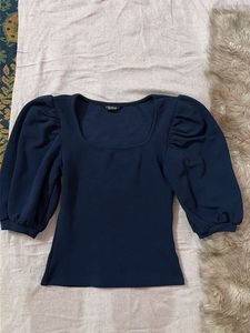 Navy Puff Sleeve Square Neck Top