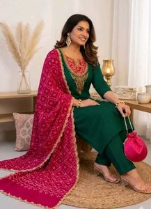 Women Orange Kurta with Blue Dupatta